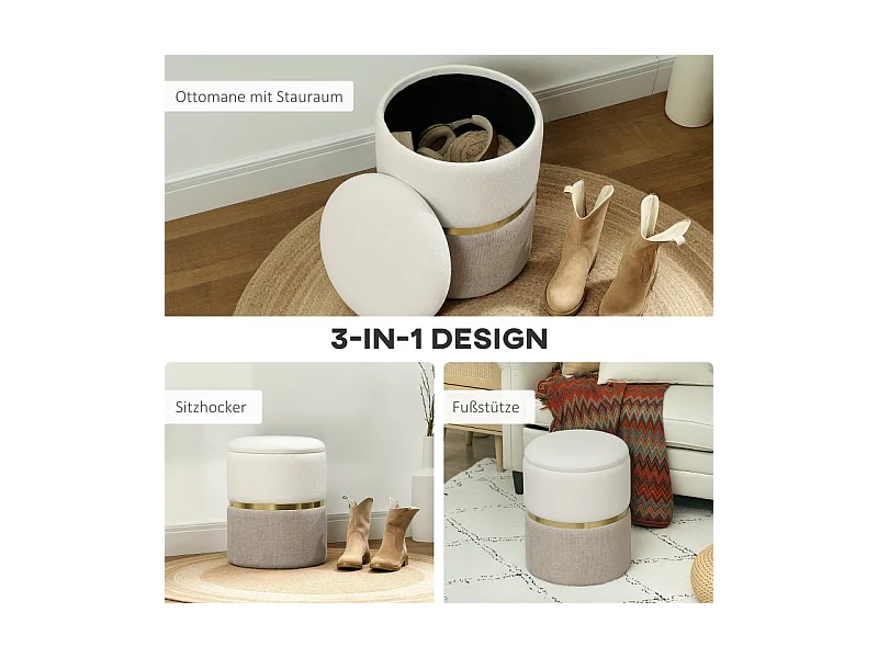 Pouf de rangement, avec couvercle, métal, design bicolore, crème et blanc (36x36x44 cm)