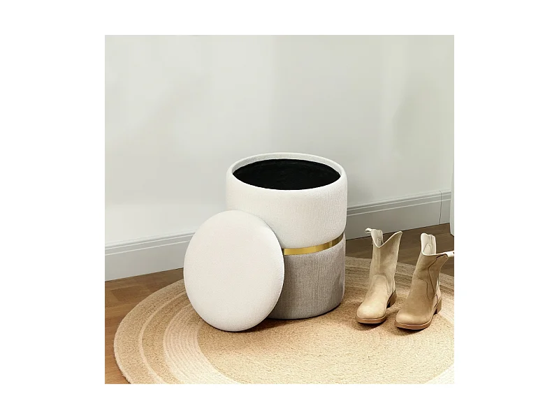 Pouf de rangement, avec couvercle, métal, design bicolore, crème et blanc (36x36x44 cm)