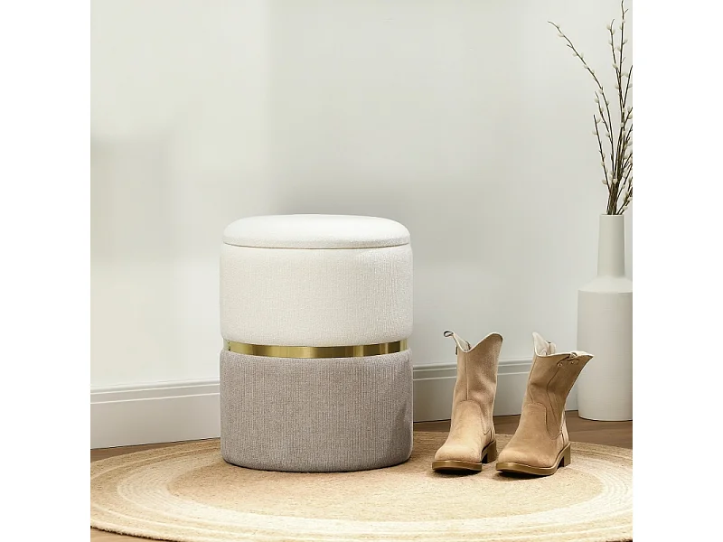 Pouf contenitore, con coperchio, in metallo, design bicolore, crema e bianco (36x36x44 cm)