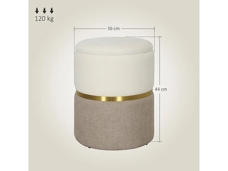 Pouf contenitore, con coperchio, in metallo, design bicolore, crema e bianco (36x36x44 cm)