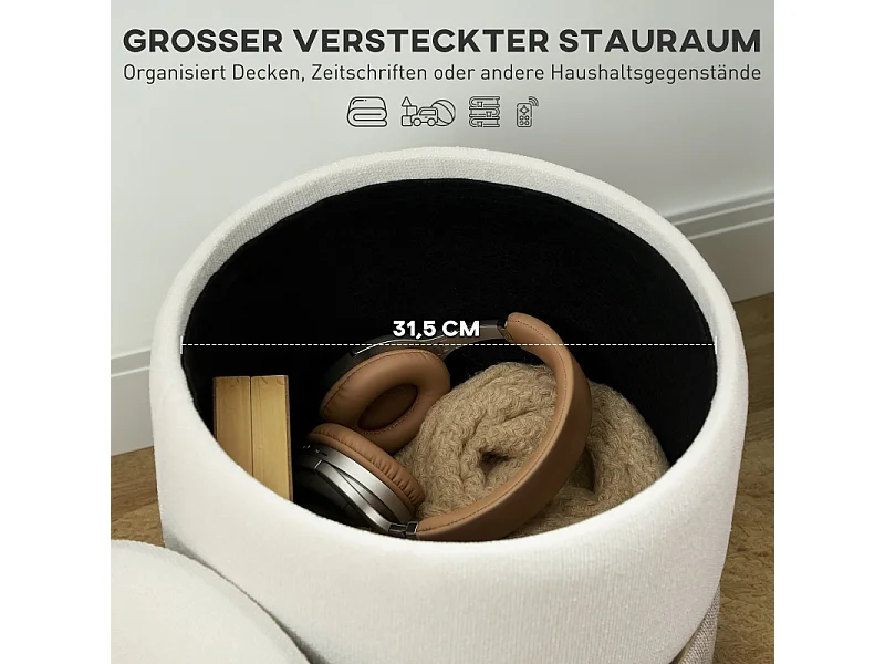 Pouf contenitore, con coperchio, in metallo, design bicolore, crema e bianco (36x36x44 cm)