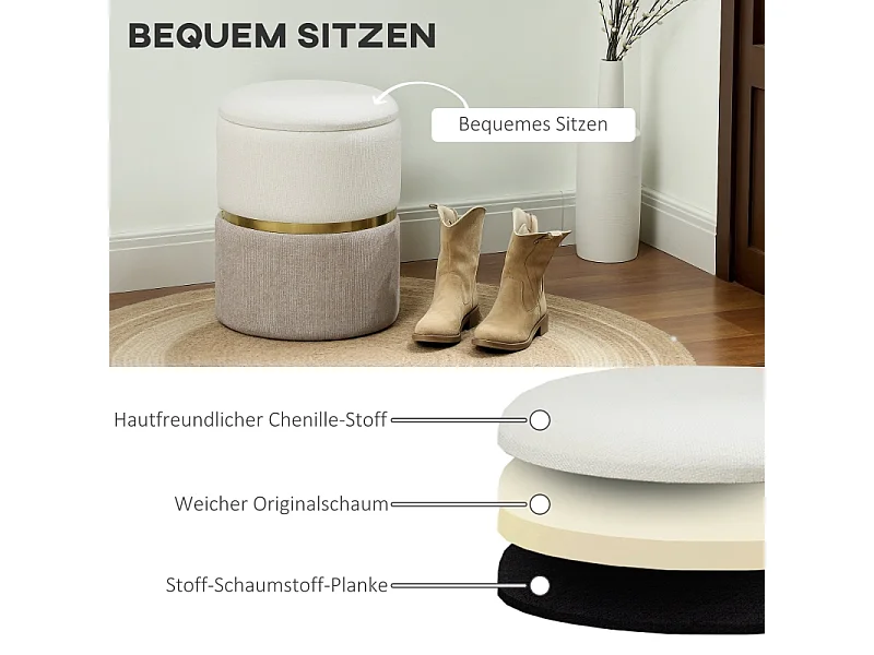 Pouf contenitore, con coperchio, in metallo, design bicolore, crema e bianco (36x36x44 cm)