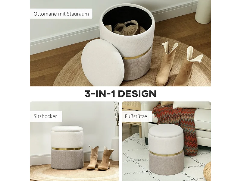 Pouf contenitore, con coperchio, in metallo, design bicolore, crema e bianco (36x36x44 cm)