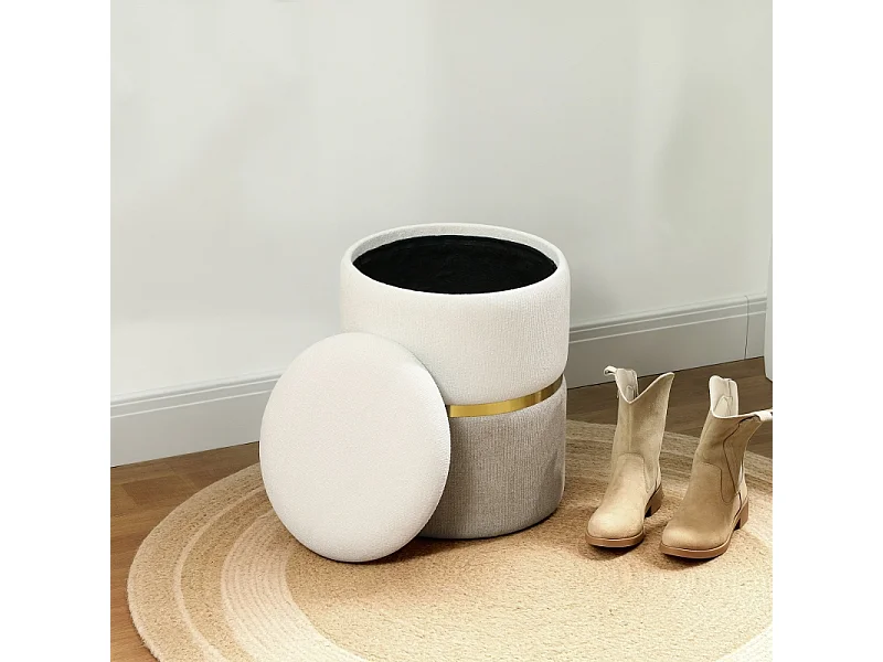 Pouf contenitore, con coperchio, in metallo, design bicolore, crema e bianco (36x36x44 cm)