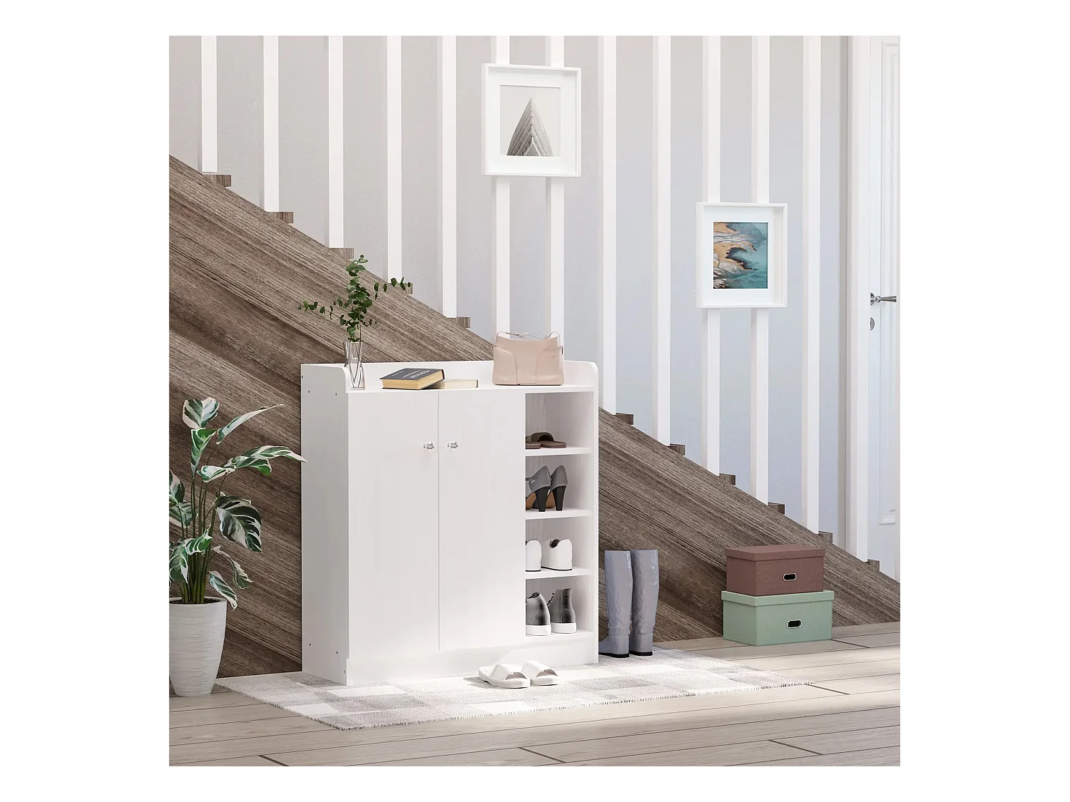 Meuble à chaussures avec 2 portes et 4 étagères, bois, blanc (83x30x90 cm)