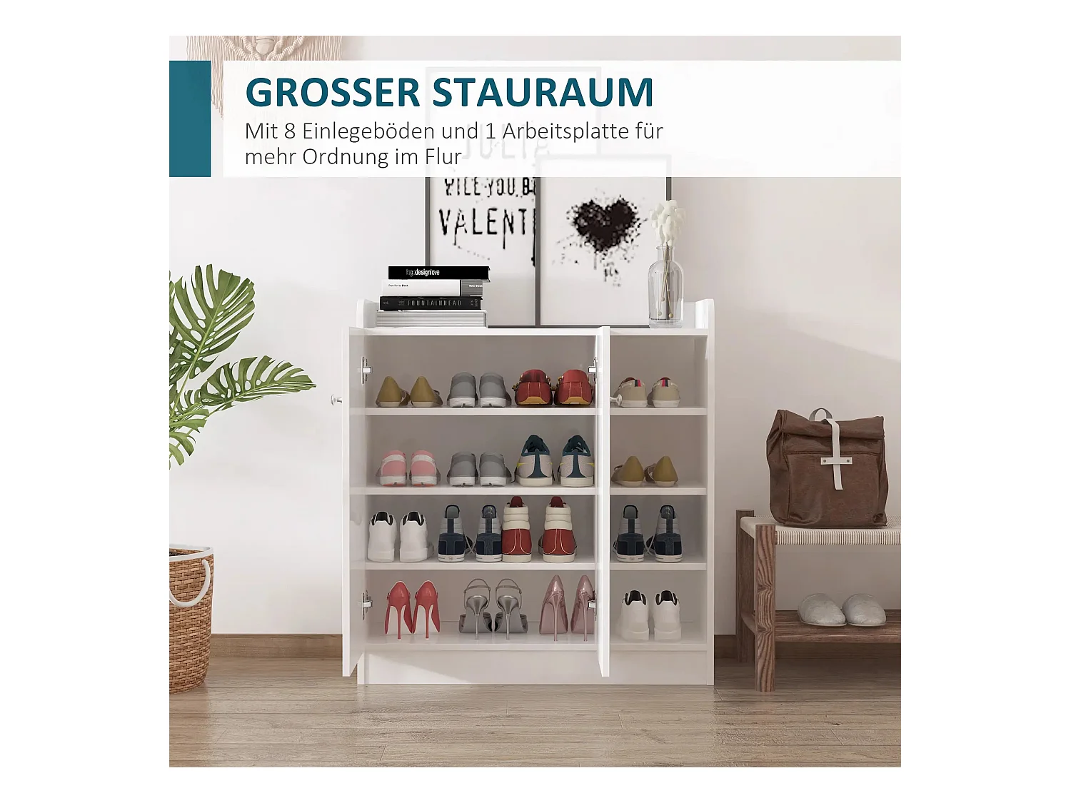 Meuble à chaussures avec 2 portes et 4 étagères, bois, blanc (83x30x90 cm)