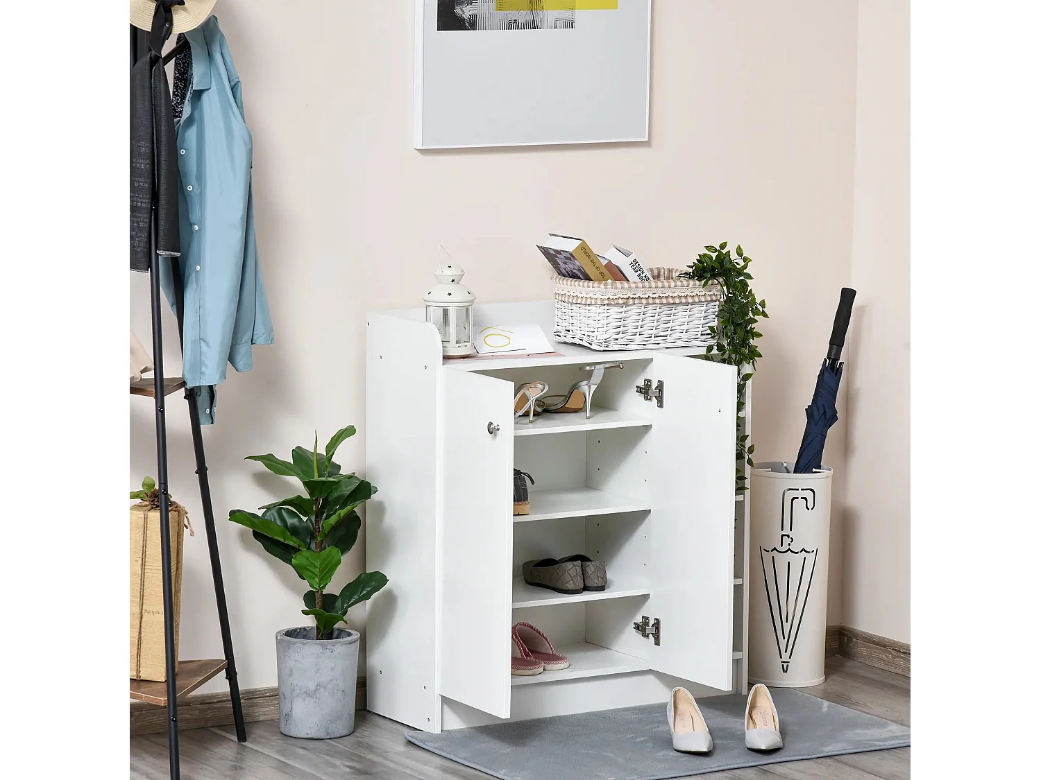 Meuble à chaussures avec 2 portes et 4 étagères, bois, blanc (83x30x90 cm)