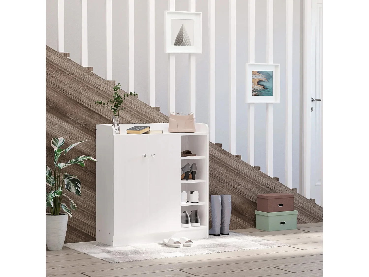 Scarpiera con 2 ante e 4 ripiani, legno, bianco (83x30x90 cm)