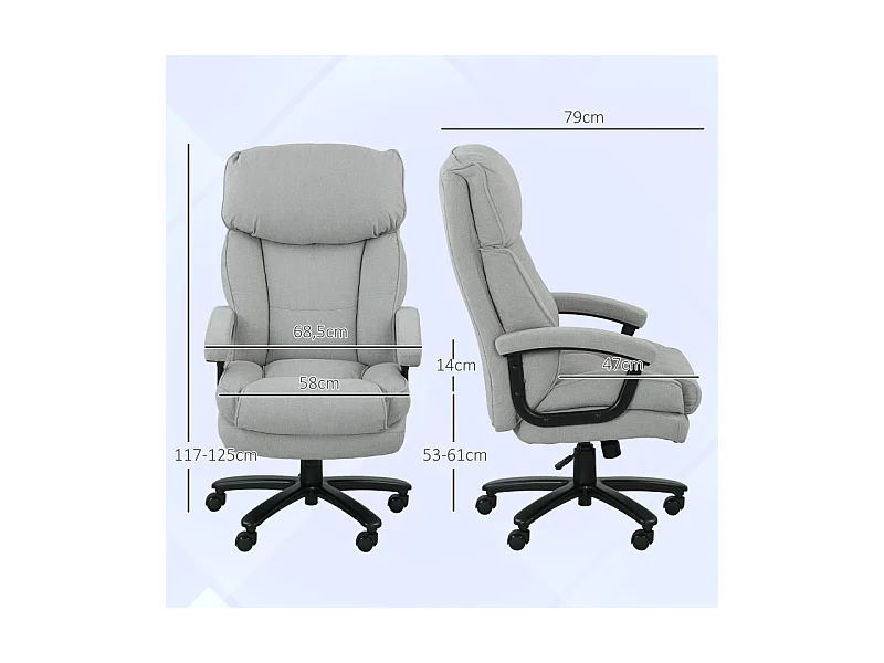 Fauteuil de bureau ergonomique, avec fonction basculante et dossier réglable, tissu doux, gris, (68.5x79x117-125 cm)