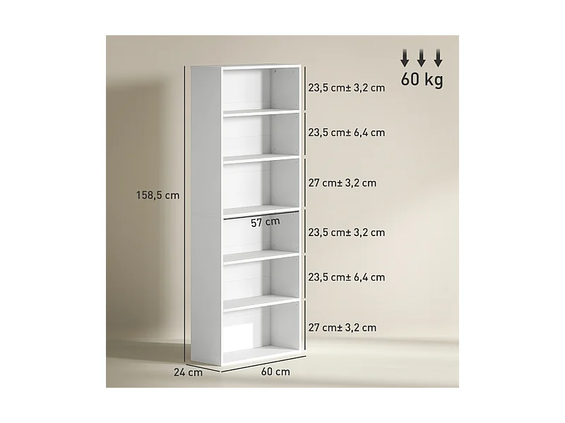 Bibliothèque à 5 niveaux, avec étagères réglables, MDF, blanc, (60x24x158,5 cm)