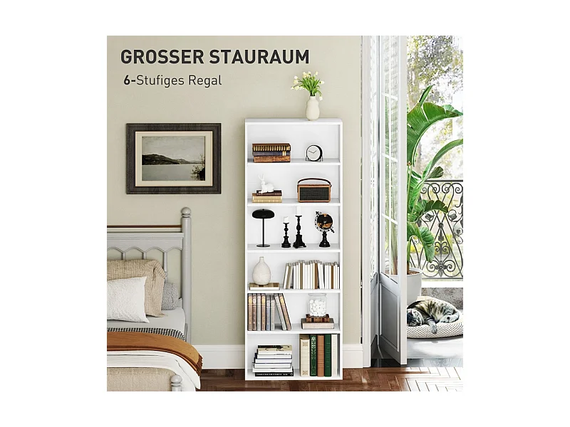 Bibliothèque à 5 niveaux, avec étagères réglables, MDF, blanc, (60x24x158,5 cm)