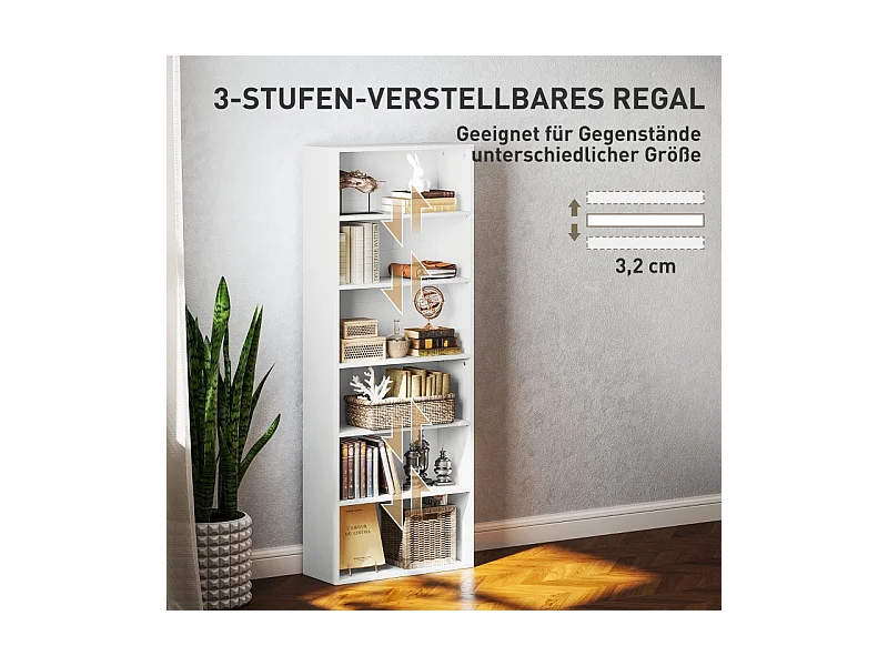 Bibliothèque à 5 niveaux, avec étagères réglables, MDF, blanc, (60x24x158,5 cm)