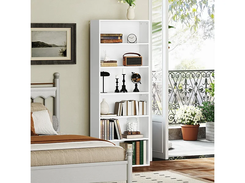 Bibliothèque à 5 niveaux, avec étagères réglables, MDF, blanc, (60x24x158,5 cm)