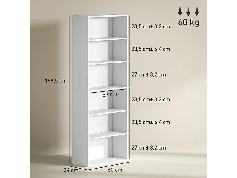 Libreria a 5 ripiani con ripiani regolabili, MDF, bianco, (60x24x158,5 cm)