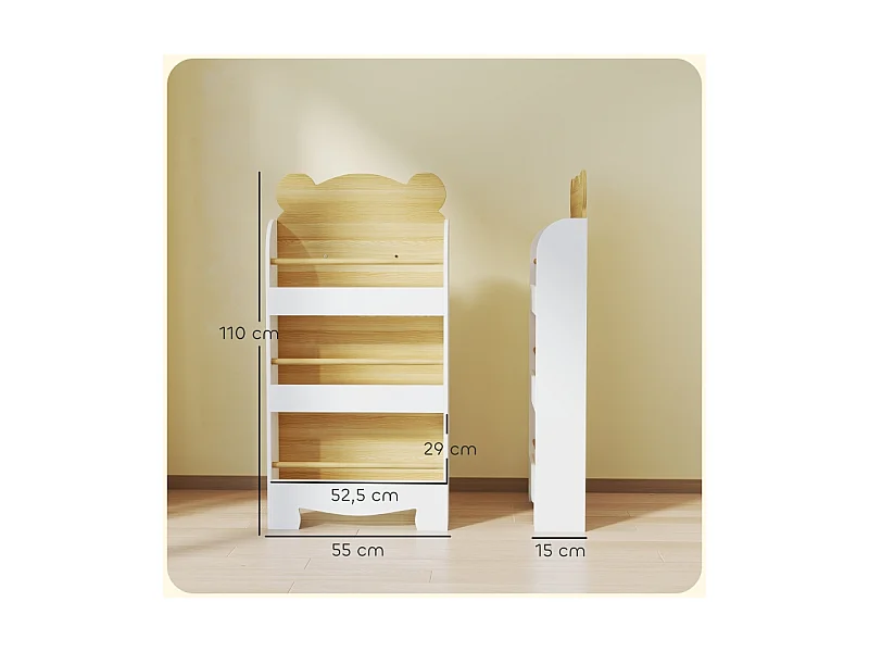 Bibliothèque enfant avec 3 étagères, bois, design ours, pour chambre d'enfant, blanc (55x15x110 cm)