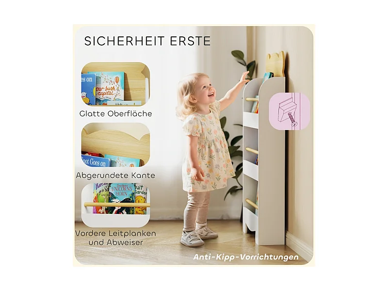 Bibliothèque enfant avec 3 étagères, bois, design ours, pour chambre d'enfant, blanc (55x15x110 cm)