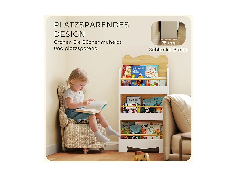 Bibliothèque enfant avec 3 étagères, bois, design ours, pour chambre d'enfant, blanc (55x15x110 cm)