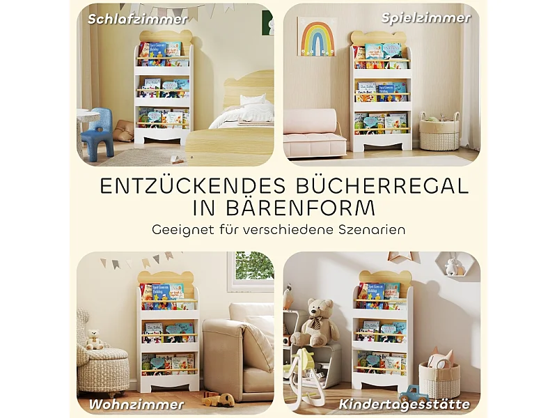 Bibliothèque enfant avec 3 étagères, bois, design ours, pour chambre d'enfant, blanc (55x15x110 cm)
