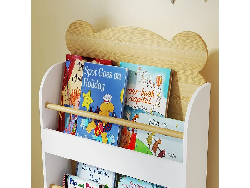 Bibliothèque enfant avec 3 étagères, bois, design ours, pour chambre d'enfant, blanc (55x15x110 cm)