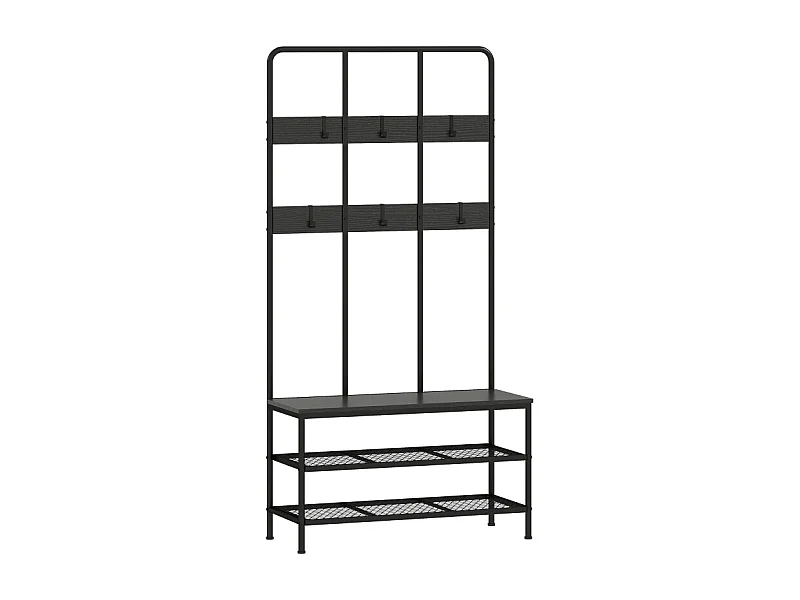 Porte-manteau 3-en-1 avec banc, métal et bois, noir, (70x30x179 cm)