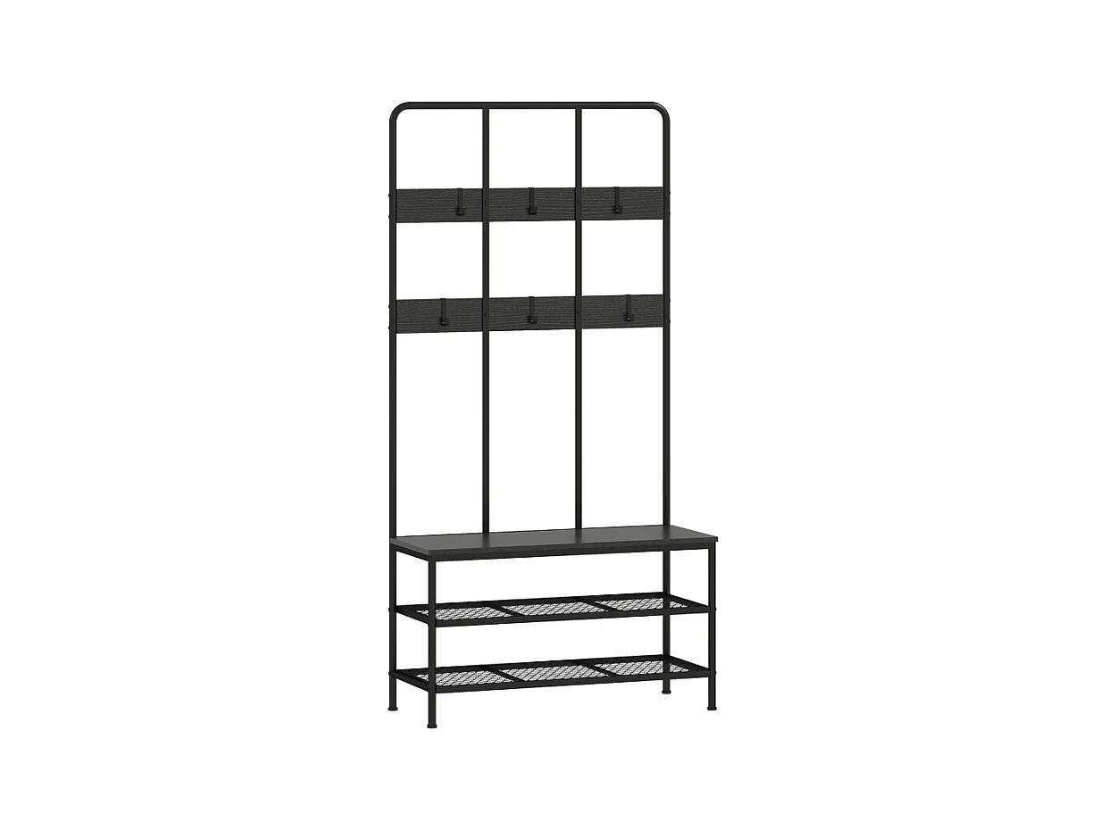 Porte-manteau 3-en-1 avec banc, métal et bois, noir, (70x30x179 cm)