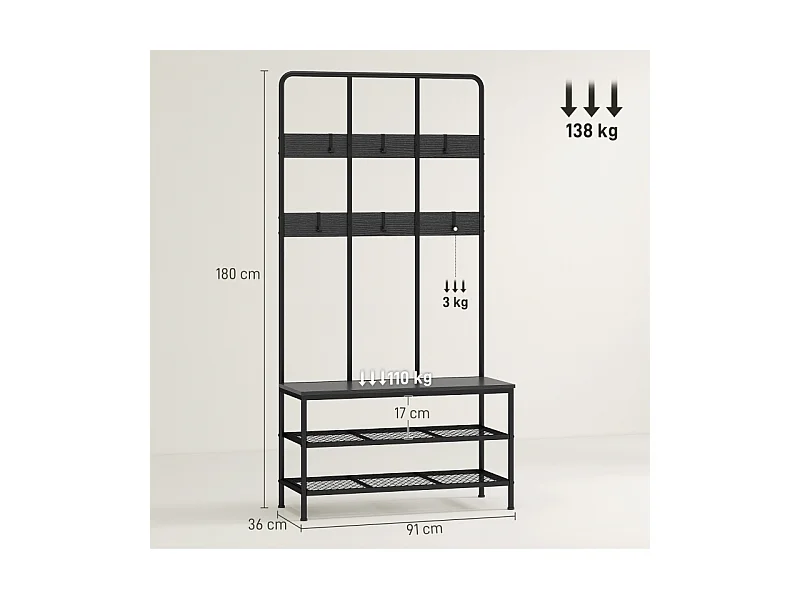 Porte-manteau 3-en-1 avec banc, métal et bois, noir, (70x30x179 cm)