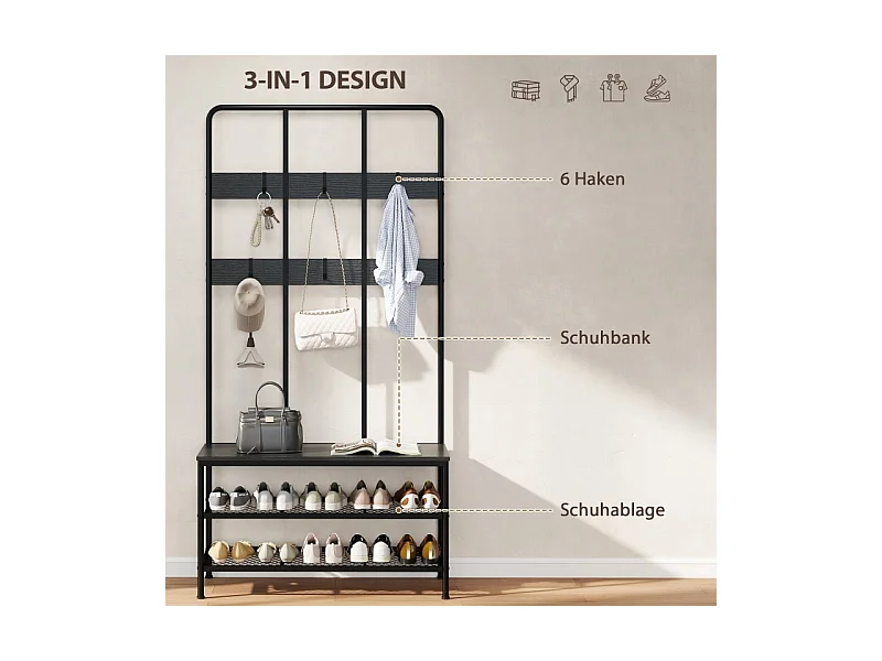 Porte-manteau 3-en-1 avec banc, métal et bois, noir, (70x30x179 cm)