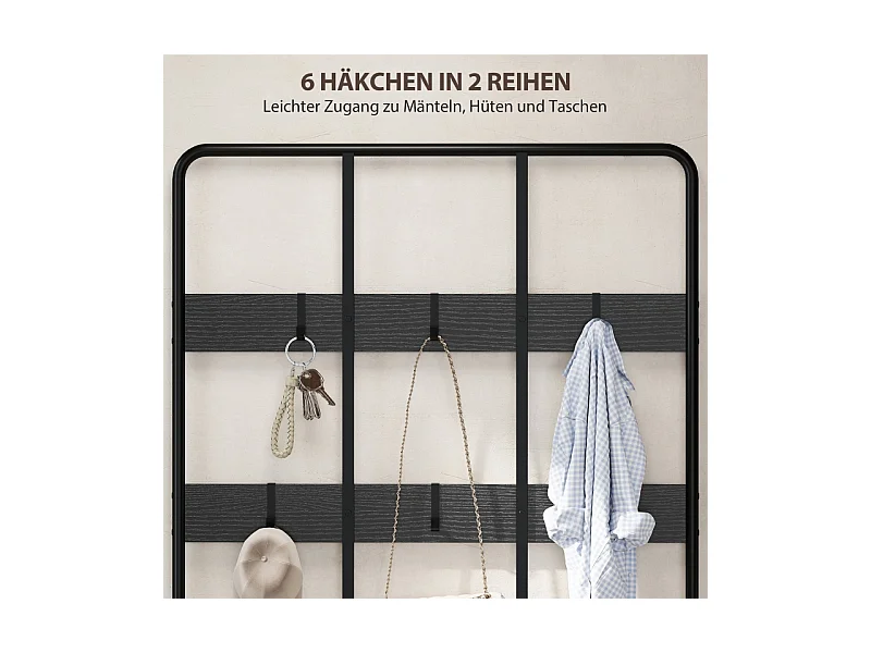 Porte-manteau 3-en-1 avec banc, métal et bois, noir, (70x30x179 cm)