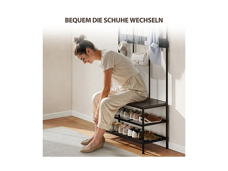 Porte-manteau 3-en-1 avec banc, métal et bois, noir, (70x30x179 cm)