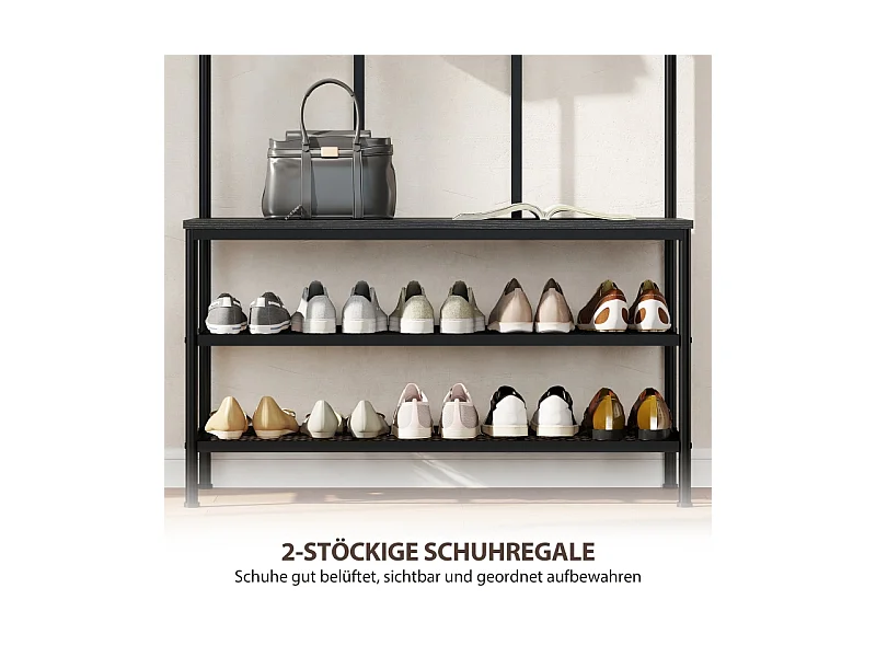 Porte-manteau 3-en-1 avec banc, métal et bois, noir, (70x30x179 cm)