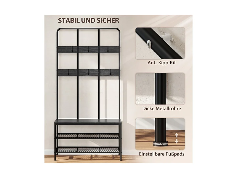 Porte-manteau 3-en-1 avec banc, métal et bois, noir, (70x30x179 cm)