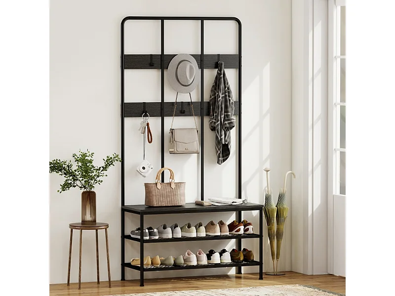 Porte-manteau 3-en-1 avec banc, métal et bois, noir, (70x30x179 cm)