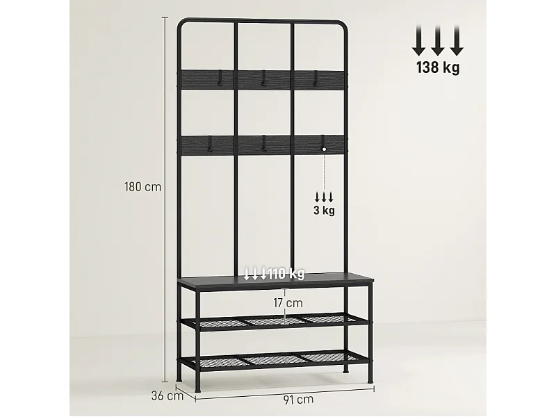 Porte-manteau 3-en-1 avec banc, métal et bois, noir, (70x30x179 cm)