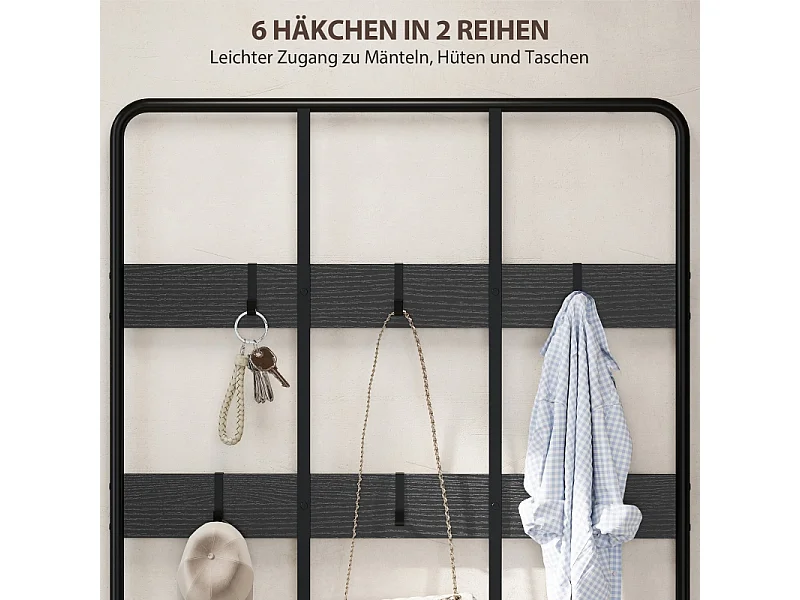 Porte-manteau 3-en-1 avec banc, métal et bois, noir, (70x30x179 cm)