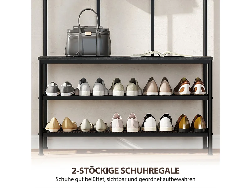 Porte-manteau 3-en-1 avec banc, métal et bois, noir, (70x30x179 cm)