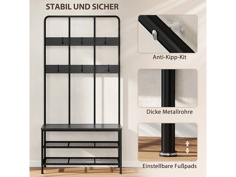 Porte-manteau 3-en-1 avec banc, métal et bois, noir, (70x30x179 cm)