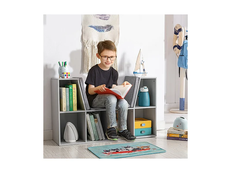 Bibliothèque enfant, étagères de rangement avec banc, en MDF, gris (103x30x62 cm)