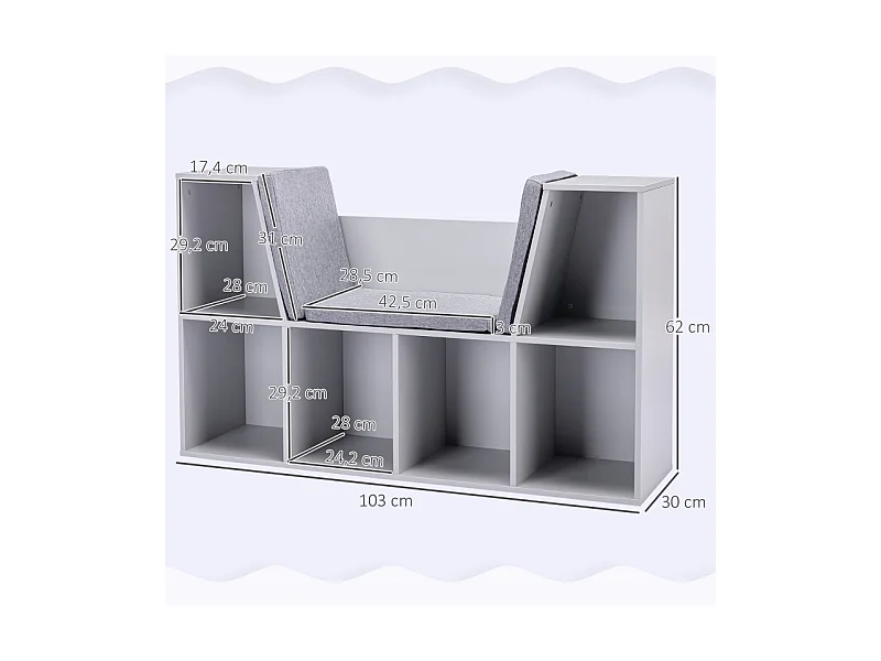 Bibliothèque enfant, étagères de rangement avec banc, en MDF, gris (103x30x62 cm)