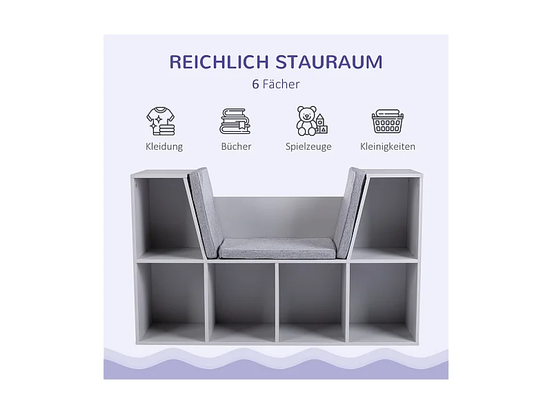 Bibliothèque enfant, étagères de rangement avec banc, en MDF, gris (103x30x62 cm)