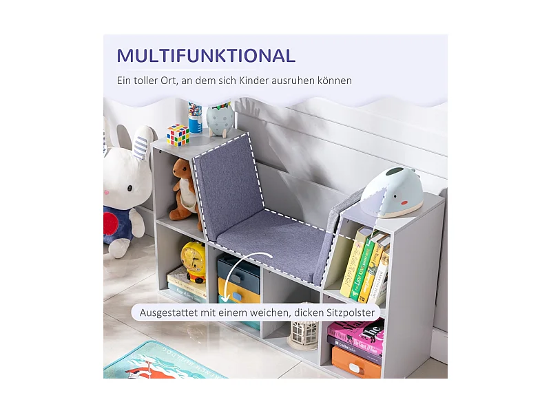 Bibliothèque enfant, étagères de rangement avec banc, en MDF, gris (103x30x62 cm)