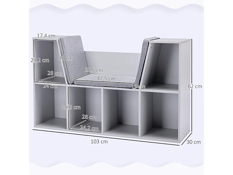 Libreria per bambini, ripiani portaoggetti con panca, MDF, grigio (103x30x62 cm)