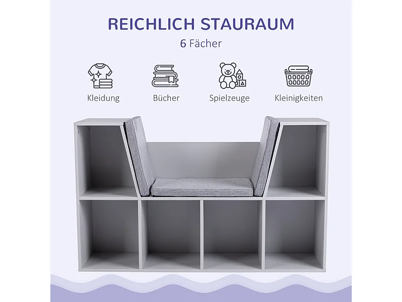 Libreria per bambini, ripiani portaoggetti con panca, MDF, grigio (103x30x62 cm)
