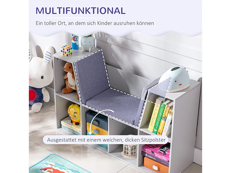 Libreria per bambini, ripiani portaoggetti con panca, MDF, grigio (103x30x62 cm)