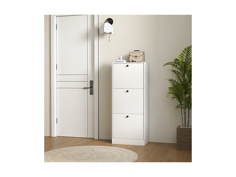 Meuble à chaussures, 3 portes, bois mélaminé, blanc, (47x28x115 cm)