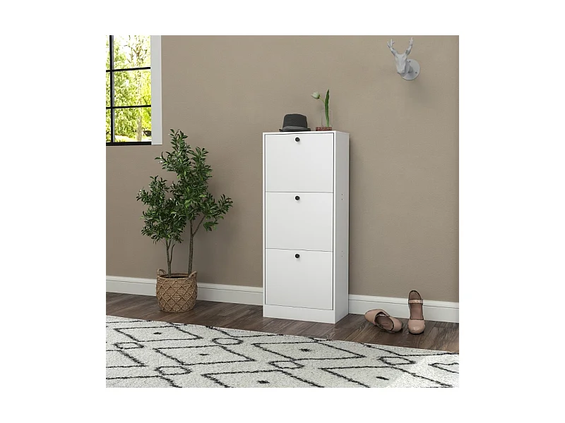 Meuble à chaussures, 3 portes, bois mélaminé, blanc, (47x28x115 cm)