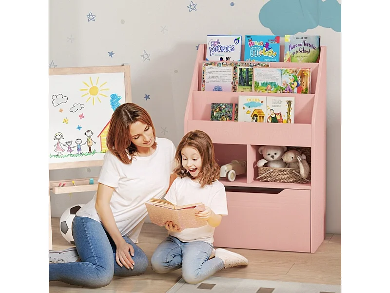 Libreria per bambini con cassetto e ripiani, MDF, rosa (60x29,9x90 cm)