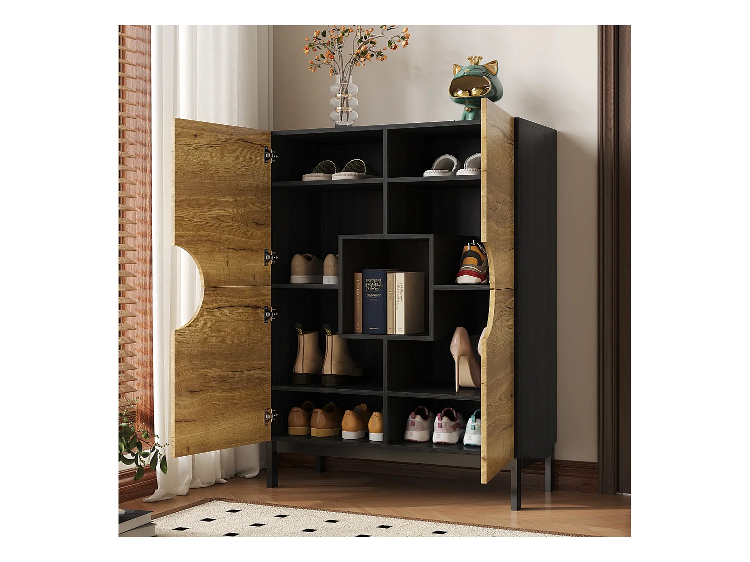 Meuble à chaussures et vitrine 2 en 1 avec étagères réglables, pieds en bois massif, 90x40x120 cm, design moderne et spacieux