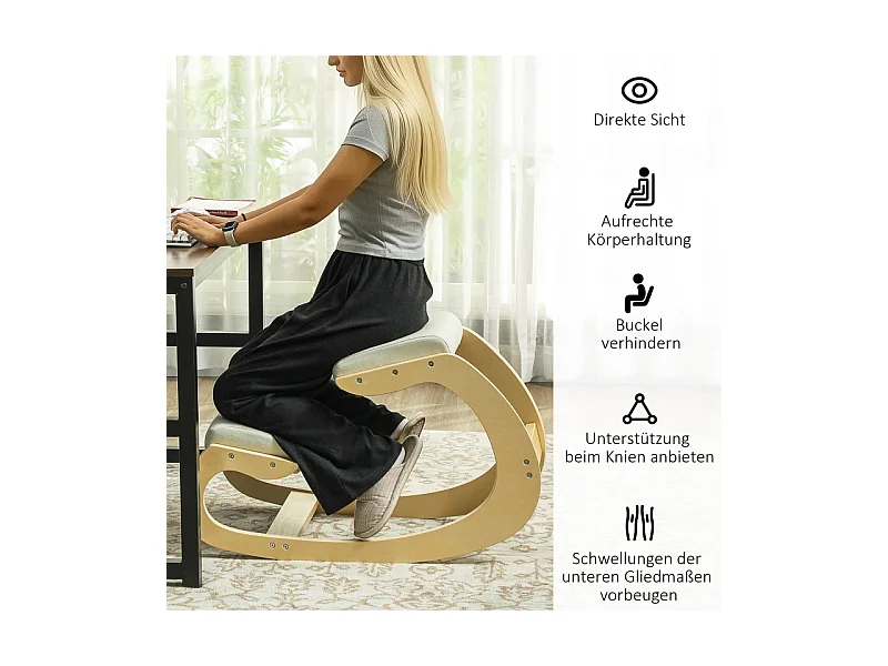 Knee Support Ergonomique, Design inclinable, Cadre en bois de bouleau, Crème (55x85x55 cm)