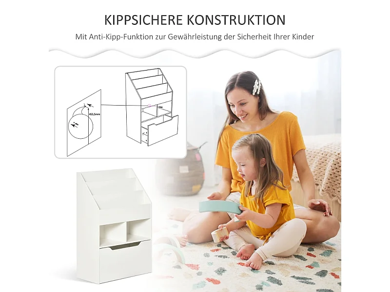 Libreria per bambini con cassetto, ripiani portaoggetti, MDF, bianco (60x29,9x90 cm)