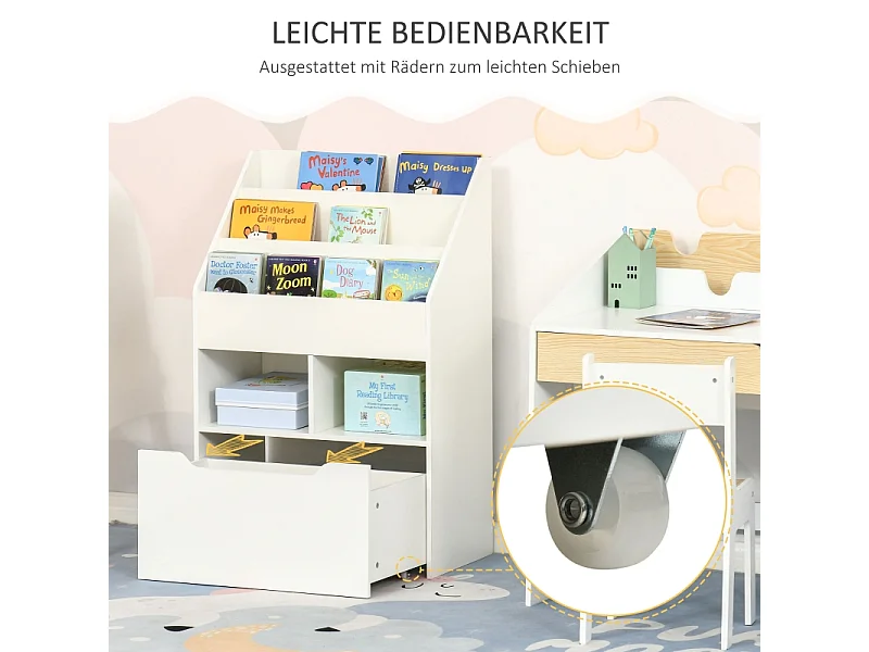 Libreria per bambini con cassetto, ripiani portaoggetti, MDF, bianco (60x29,9x90 cm)